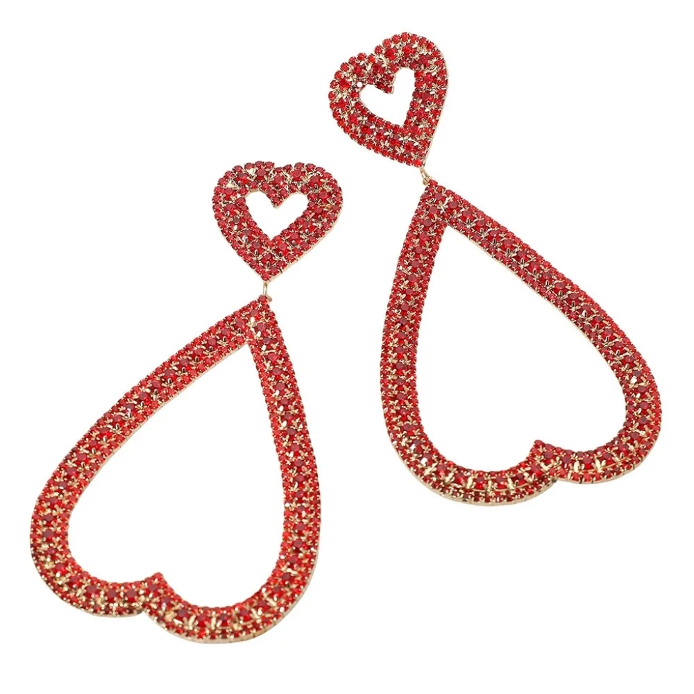Red Rhinestone Studded Open Heart Drop Dangle Statement Earrings - Picture 5 of 6
